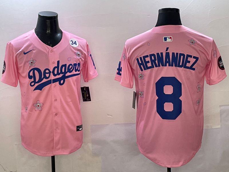 Men Los Angeles Dodgers #8 Hernandez Pink Sakura Edition 2025 Nike MLB Jersey style 4